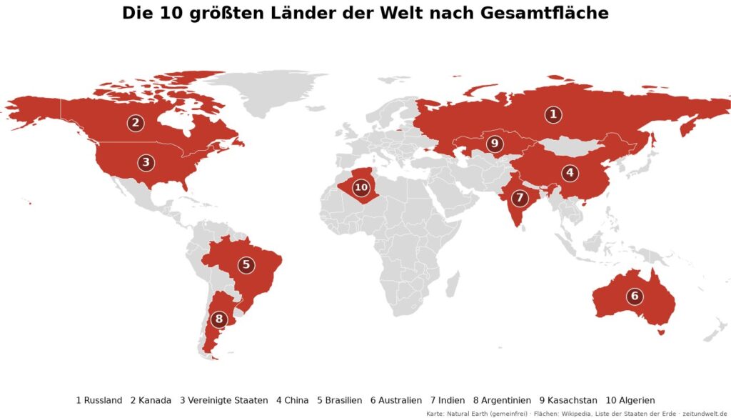 Weltkarte mit den 10 größten Ländern der Welt nach Gesamtfläche, Russland auf Platz 1